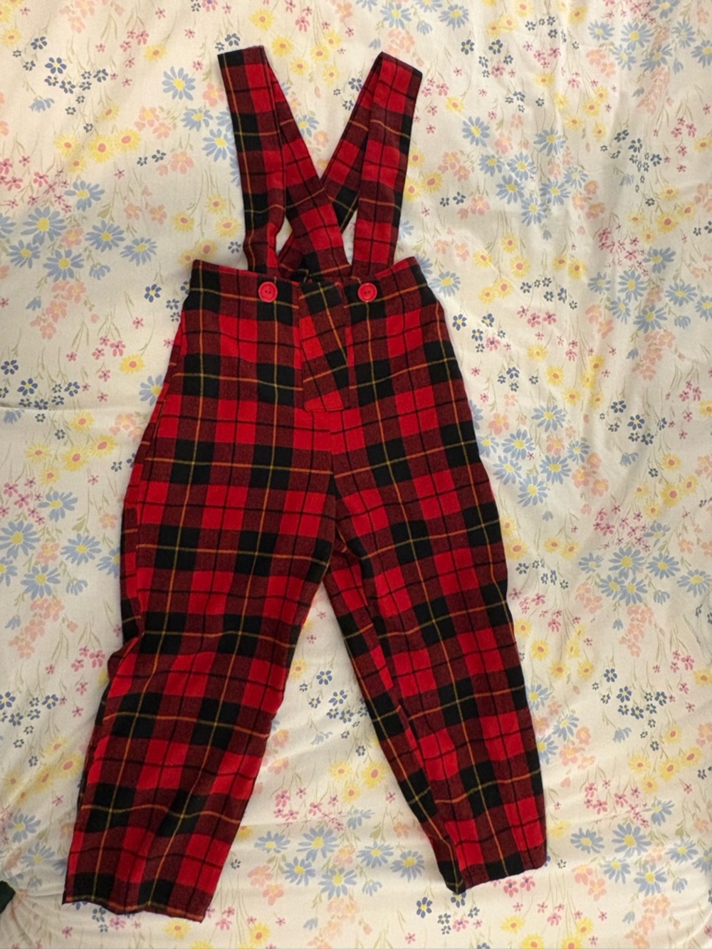 Vintage 80s Sweet Baby Jane Red & Black Plaid Suspender Cropped Pants!